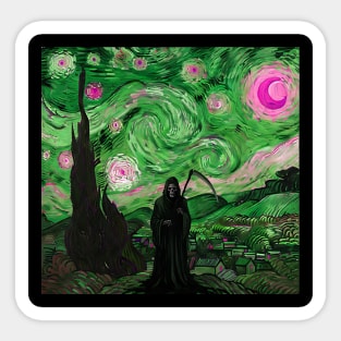 Grim Reaper's Distorted Starry Night Van Gogh Greens and Pinks Aesthetic Sticker